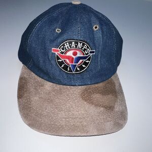 Nissun Champs Hat Ball Cap Blue Vintage Stained Suede Beige Bill Adjustable Back